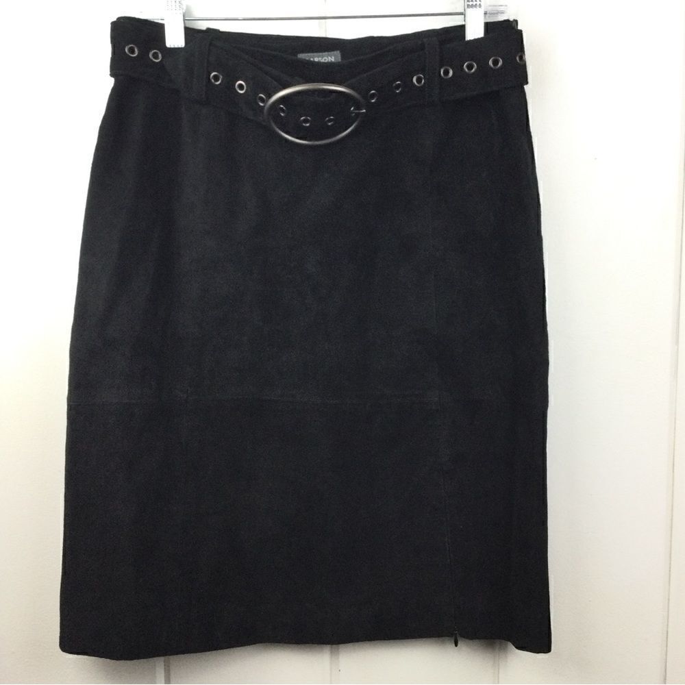 Rem Garson Vintage Black Suede Leather Pencil Skirt & Buckled Belt, Size 6